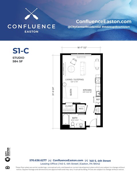 Floor plan for studio, 1 bath, 584 sqft