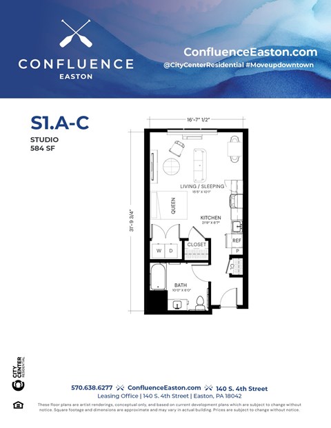 Floor plan for studio, 1 bath, 584 sqft