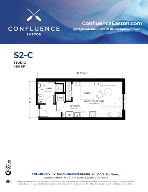 Floor plan for studio, 1 bath, 480 sqft
