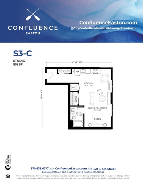 Floor plan for studio, 1 bath, 551 sqft