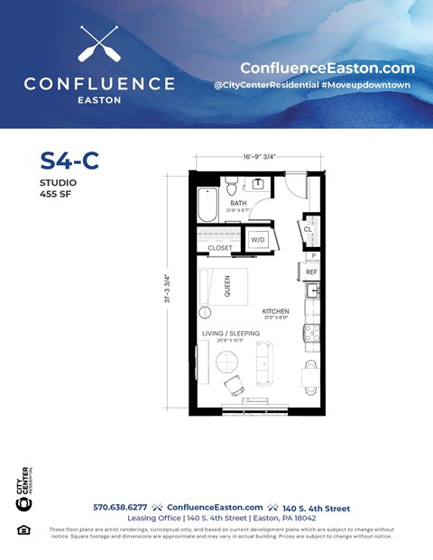 Floor plan for studio, 1 bath, 455 sqft