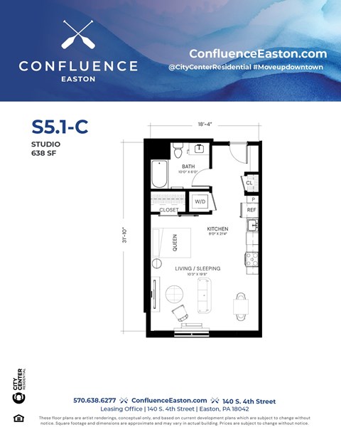 Floor plan for studio, 1 bath, 638 sqft