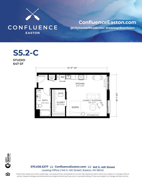 Floor plan for studio, 1 bath, 647 sqft