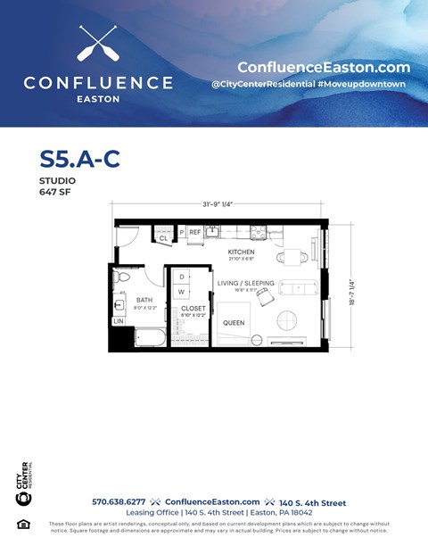 Floor plan for studio, 1 bath, 647 sqft