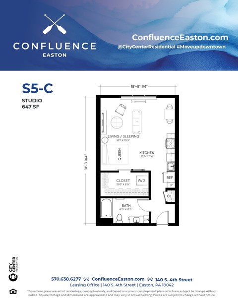 Floor plan for studio, 1 bath, 647 sqft