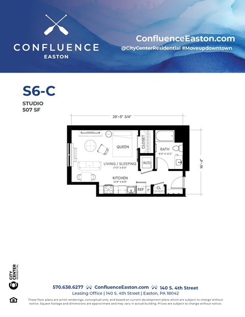 Floor plan for studio, 1 bath, 507 sqft