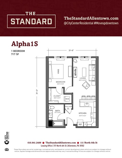 Floor plan for 1 bed, 1 bath, 717 sqft