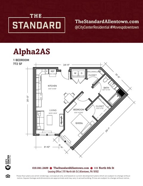 Floor plan for 1 bed, 1 bath, 772 sqft