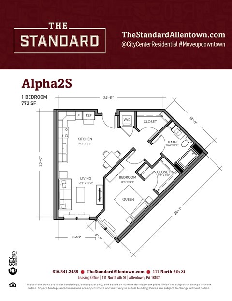 Floor plan for 1 bed, 1 bath, 772 sqft