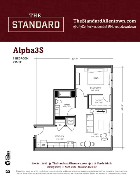 Floor plan for 1 bed, 1 bath, 795 sqft