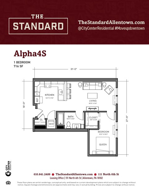 Floor plan for 1 bed, 1 bath, 716 sqft