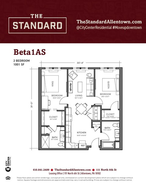 Floor plan for 2 beds, 2 baths, 1001 sqft