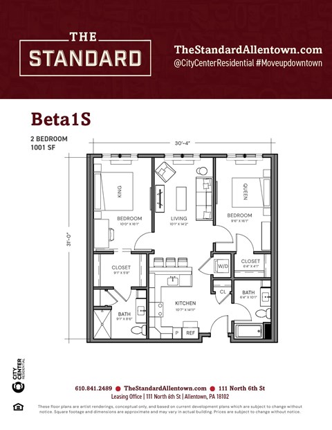 Floor plan for 2 beds, 2 baths, 1001 sqft