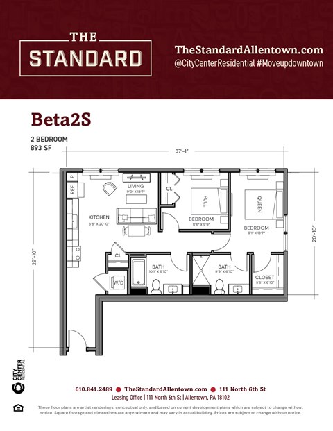 Floor plan for 2 beds, 2 baths, 893 sqft