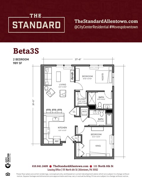 Floor plan for 2 beds, 2 baths, 989 sqft