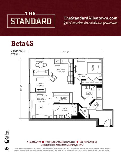 Floor plan for 2 beds, 2 baths, 994 sqft