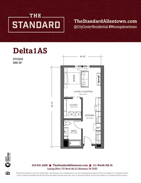 Floor plan for studio, 1 bath, 500 sqft
