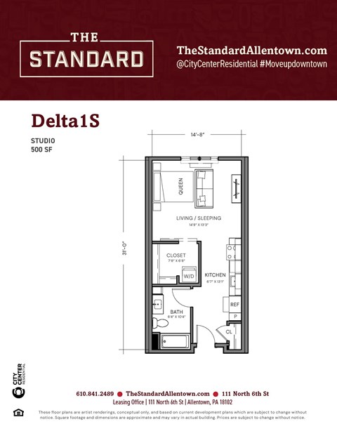 Floor plan for studio, 1 bath, 500 sqft