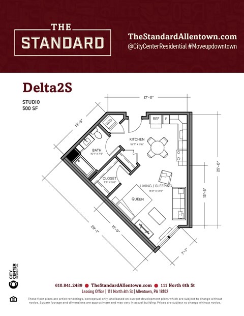 Floor plan for studio, 1 bath, 591 sqft