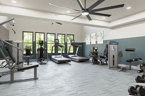 Naples apartment for rent - a gym with cardio equipment and windows and a large ceiling fan at a senior apartment community