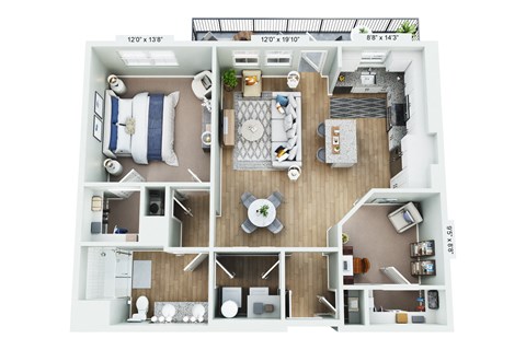 Floor plan for 1 bed, 1 bath, 893 sqft