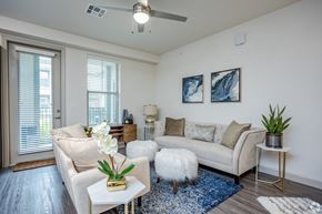 Rowlett apartment for rent - A living room with a white couch, a coffee table, and a rug.