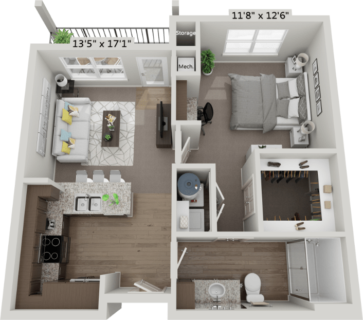 Floor plan for 1 bed, 1 bath, 658 sqft