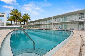 Melbourne apartment for rent - A swimming pool in front of a building with palm trees.
