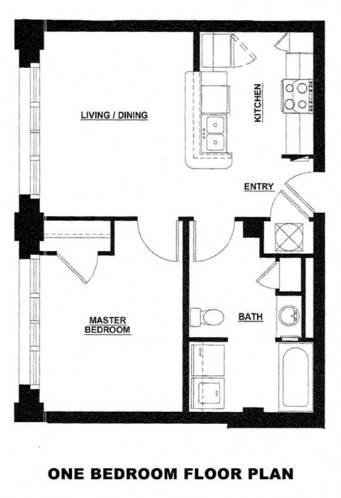 Floor plan for 1 bed, 1 bath, 560 sqft