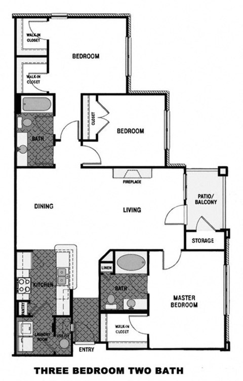 Floor plan for 3 beds, 2 baths, 1372 sqft