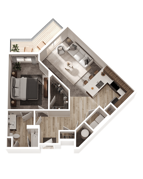 Floor plan for 1 bed, 1 bath, 834 sqft