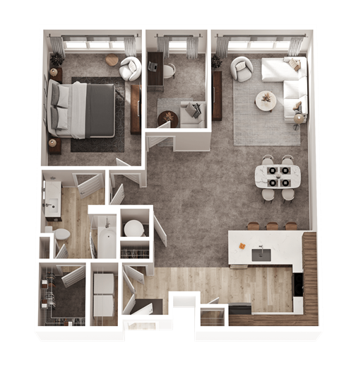 Floor plan for 1 bed, 1 bath, 970 sqft