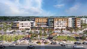 Mason apartment for rent - A rendering of a future town square with a large building in the background at The District at Deerfield Residences Apartments, Mason, OH