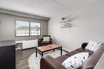 East Lansing apartment for rent - A living room with a brown couch and a black cabinet.