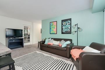 East Lansing apartment for rent - A living room with a brown couch and a striped rug.