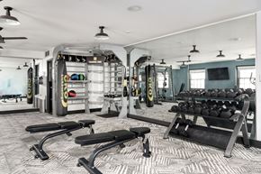 Grand Rapids apartment for rent - A gym with a variety of equipment including weights and a bench.