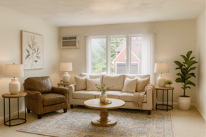 East Lansing apartment for rent - A living room with a brown leather chair, a white couch, and a rug.