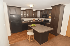 East Lansing apartment for rent - A kitchen with a black fridge and brown cabinets.