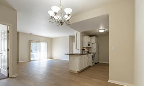Holt apartment for rent - A kitchen with white cabinets and a chandelier.