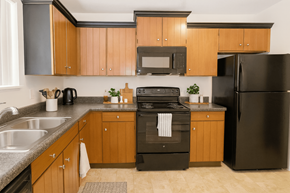 East Lansing apartment for rent - A kitchen with wooden cabinets and black appliances.