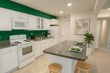 East Lansing apartment for rent - A kitchen with white cabinets and green backsplash.