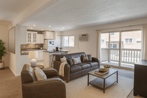 East Lansing apartment for rent - A living room with a couch, chair, and coffee table.
