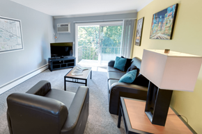 East Lansing apartment for rent - A living room with a black leather couch, a black coffee table, a black entertainment center, and a white lamp.
