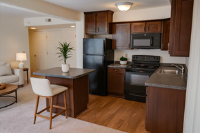 East Lansing apartment for rent - A kitchen with a black refrigerator, stove, and microwave.