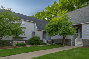 East Lansing apartment for rent - A grey building with a tree in front.