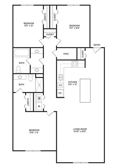 Floor plan for 3 beds, 2 baths, 1241 sqft