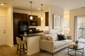 Muskegon apartment for rent - A kitchen with a black refrigerator and a white couch with blue pillows.