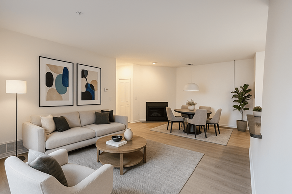 Muskegon apartment for rent - A living room with a grey sofa, a grey armchair, a wooden coffee table, a grey rug, a black fireplace, a dining table with chairs, and two framed artworks on the wall.