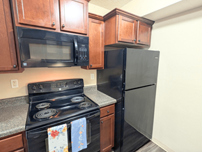 Okemos apartment for rent - A kitchen with a black stove and black refrigerator.