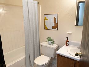 East Lansing apartment for rent - a bathroom with a toilet and a sink and a shower